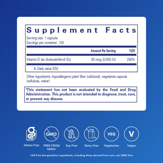 Pure Encapsulations Vitamin D3 Vegan label close-up emphasizing purity and quality
