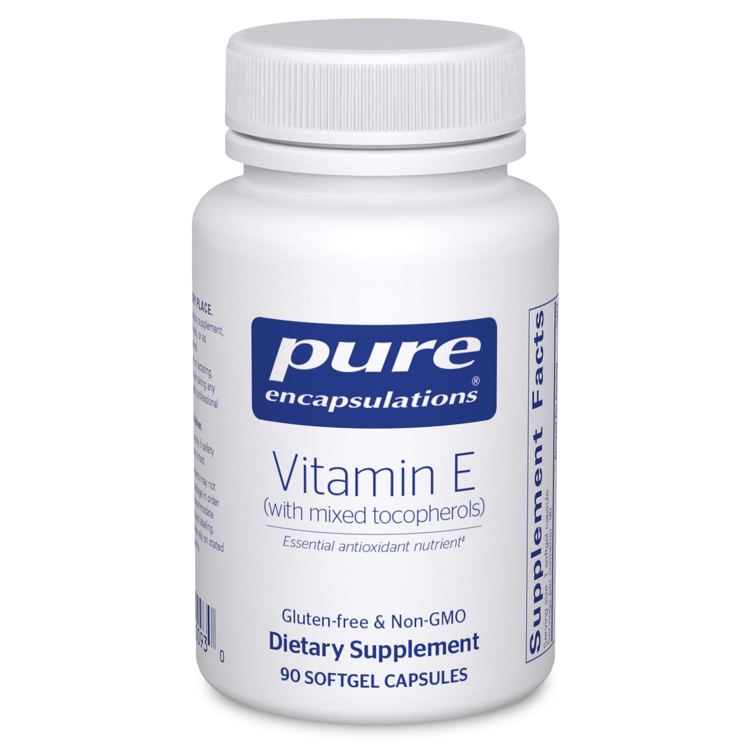 Pure Encapsulations Vitamin E mixed tocopherols bottle for antioxidant support.