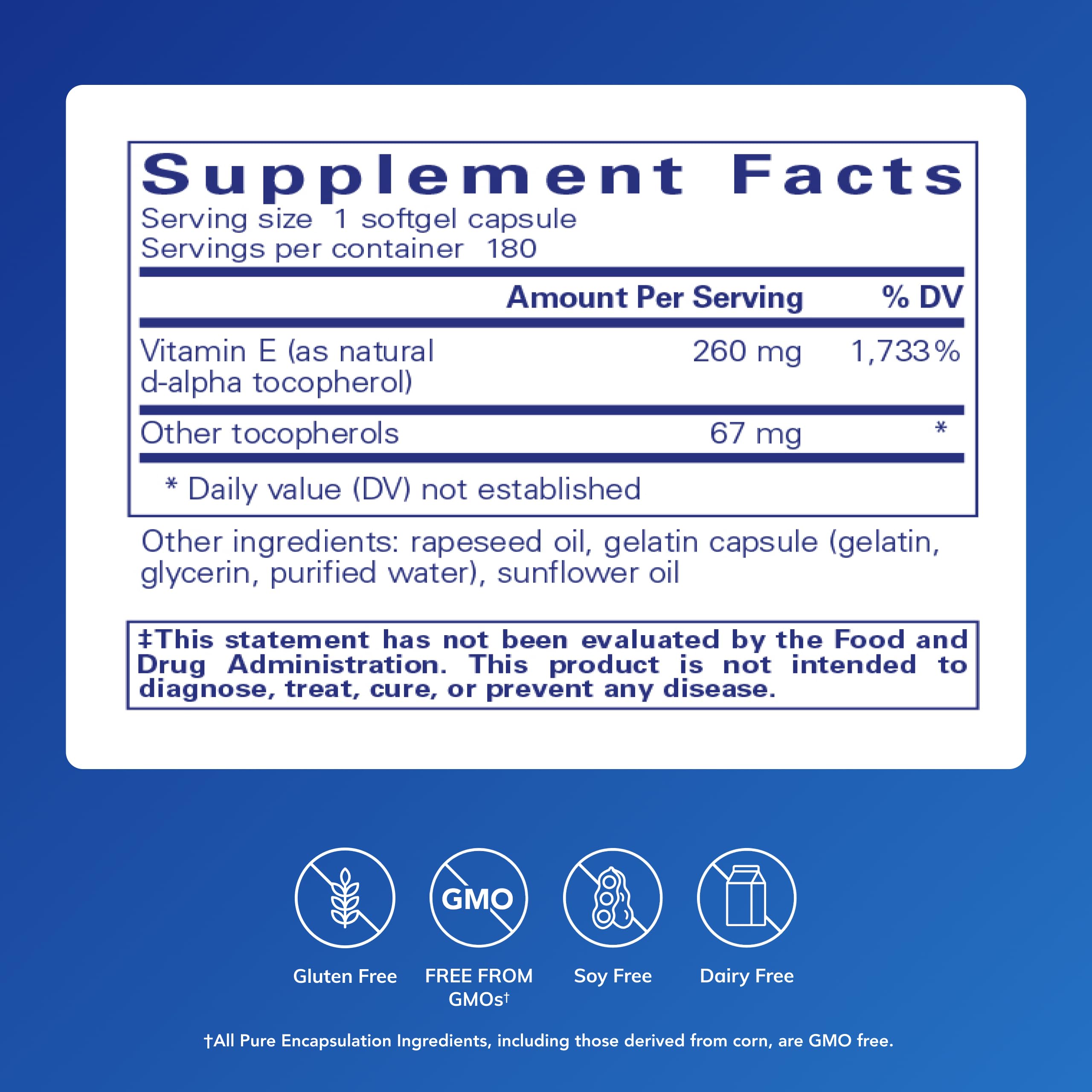 Close-up of Pure Encapsulations Vitamin E softgel pills for daily use.