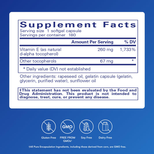 Close-up of Pure Encapsulations Vitamin E softgel pills for daily use.