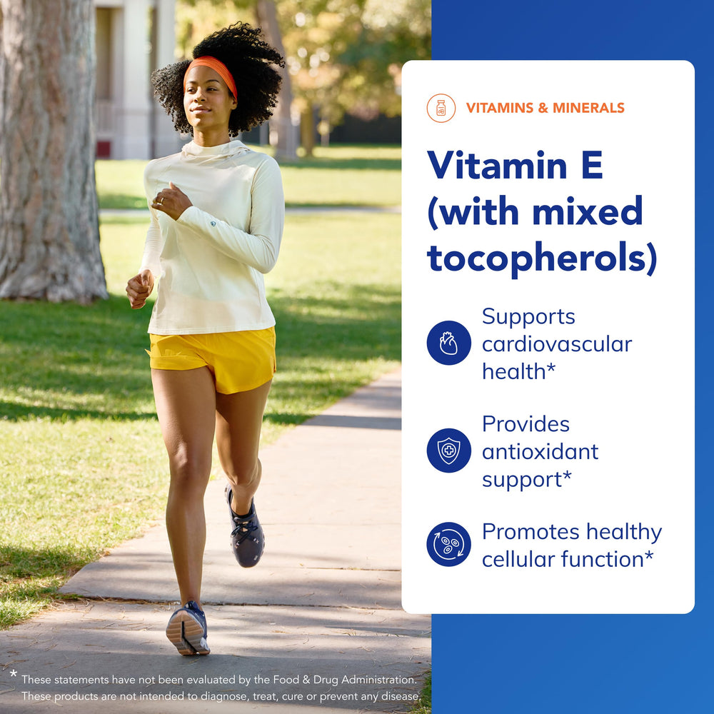 Softgel capsules show d-alpha, beta, delta, gamma tocopherols for broad protection.