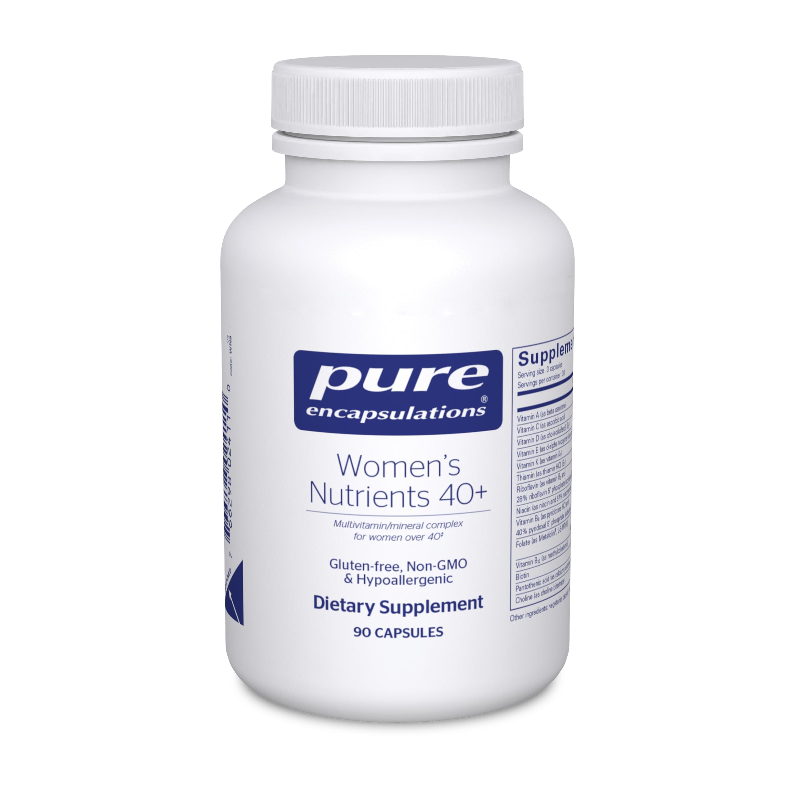 Pure Encapsulations Women's Nutrients 40+ bottle on white supports daily vitality.