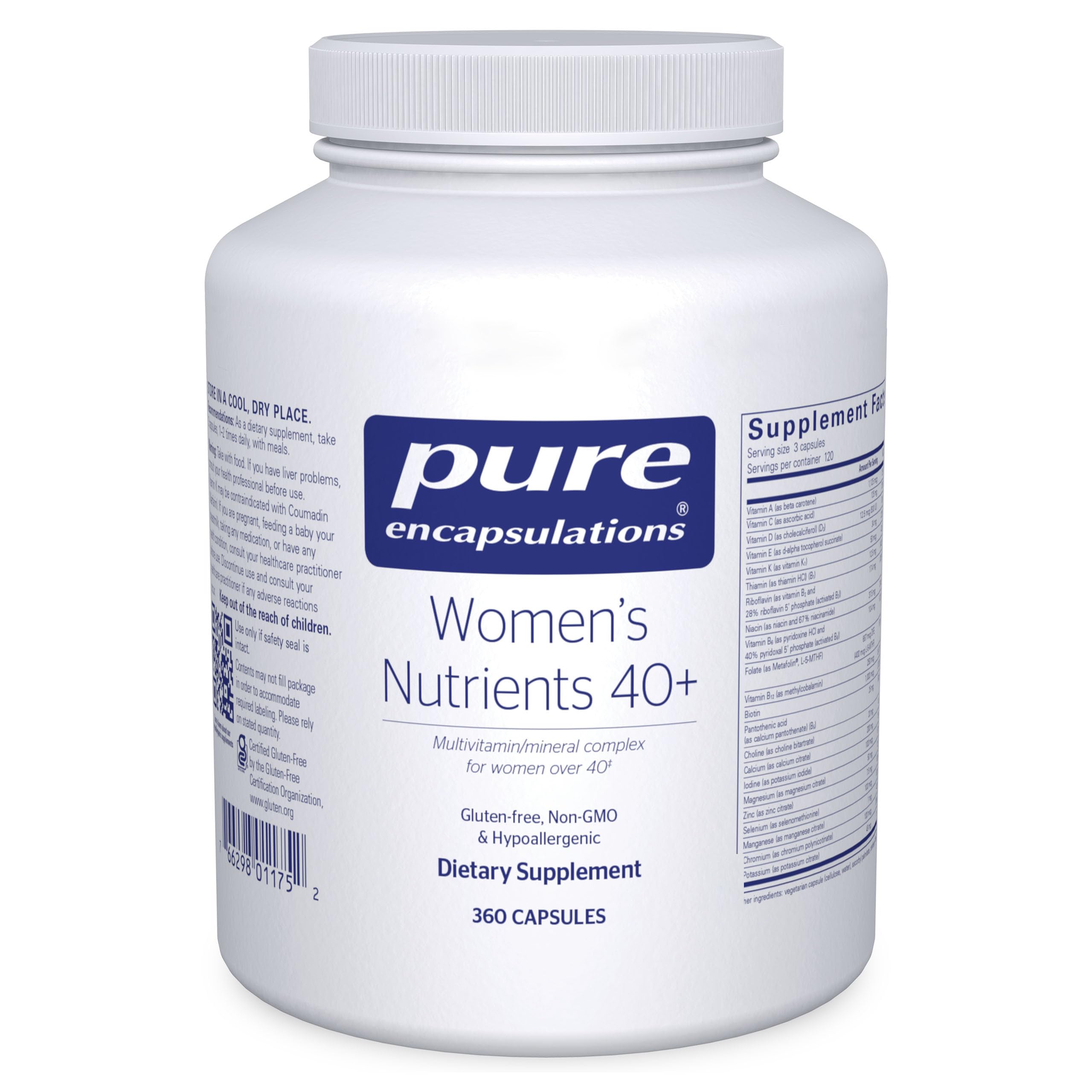 Pure Encapsulations Women's Nutrients 40+ bottle front for daily wellness.
