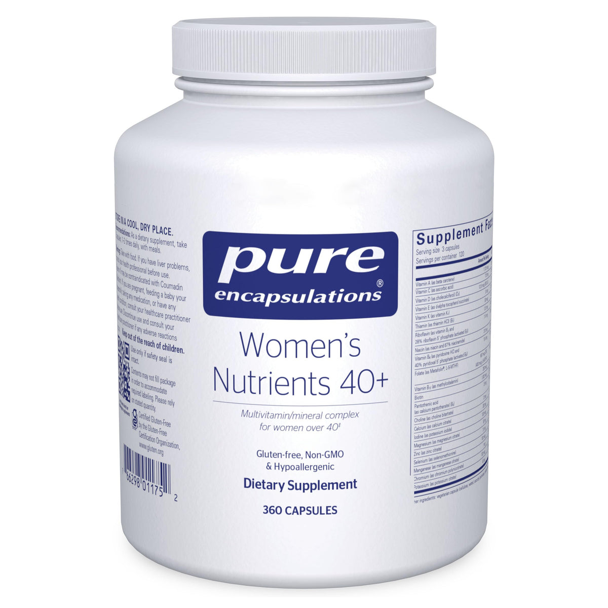Pure Encapsulations Women's Nutrients 40+ bottle front for daily wellness.