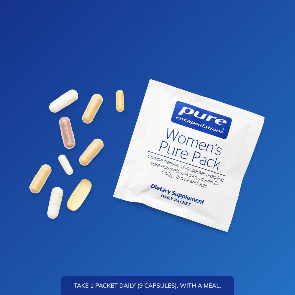 Pure Encapsulations Women's Pure Pack capsules closeup highlighting easy-to-swallow size and texture.
