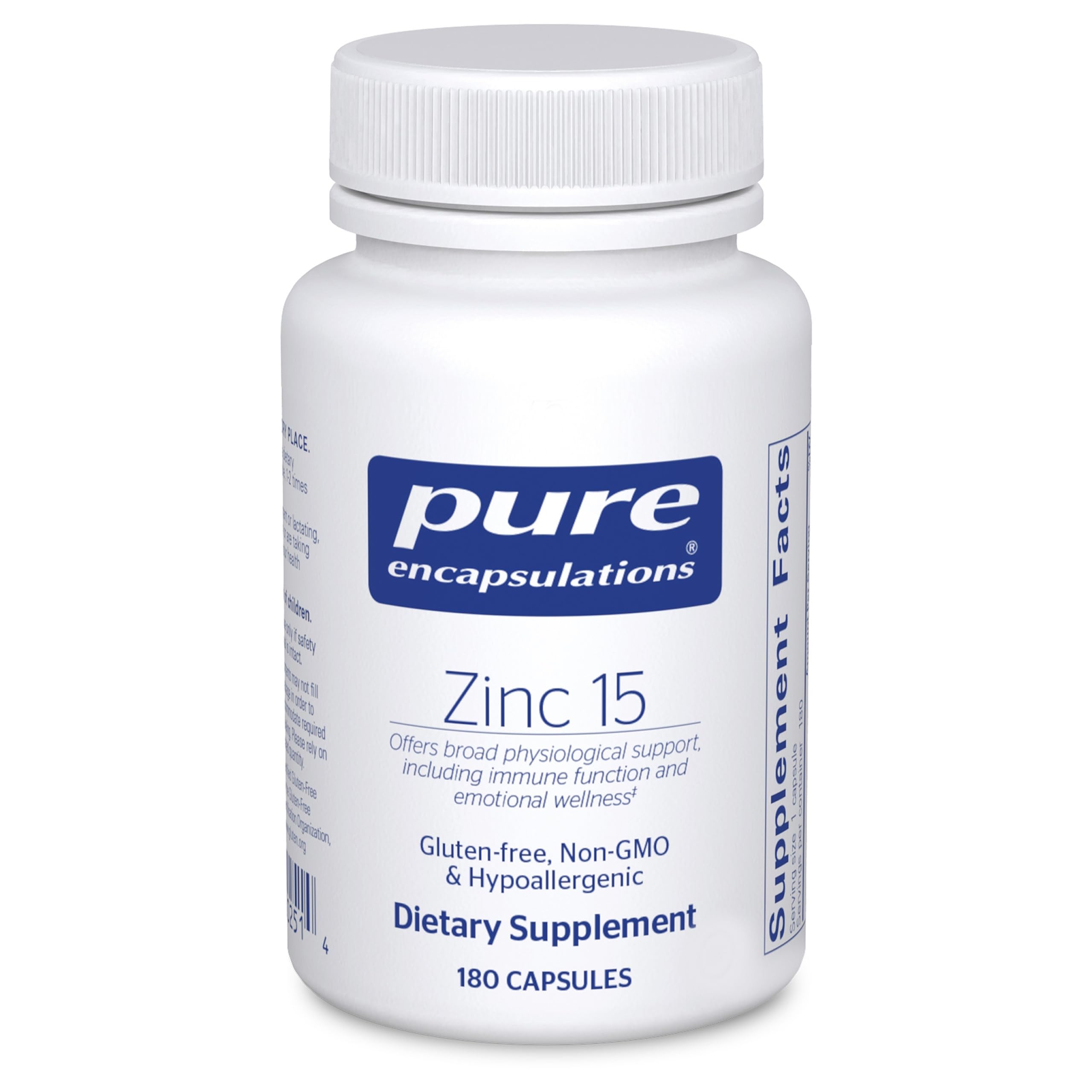 Pure Encapsulations Zinc 15 mg bottle shown for daily immune support.
