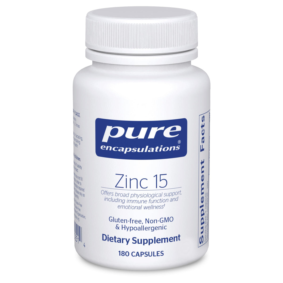 Pure Encapsulations Zinc 15 mg bottle shown for daily immune support.