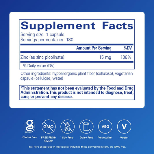 Pure Encapsulations Zinc 15 mg capsules ready for daily use.