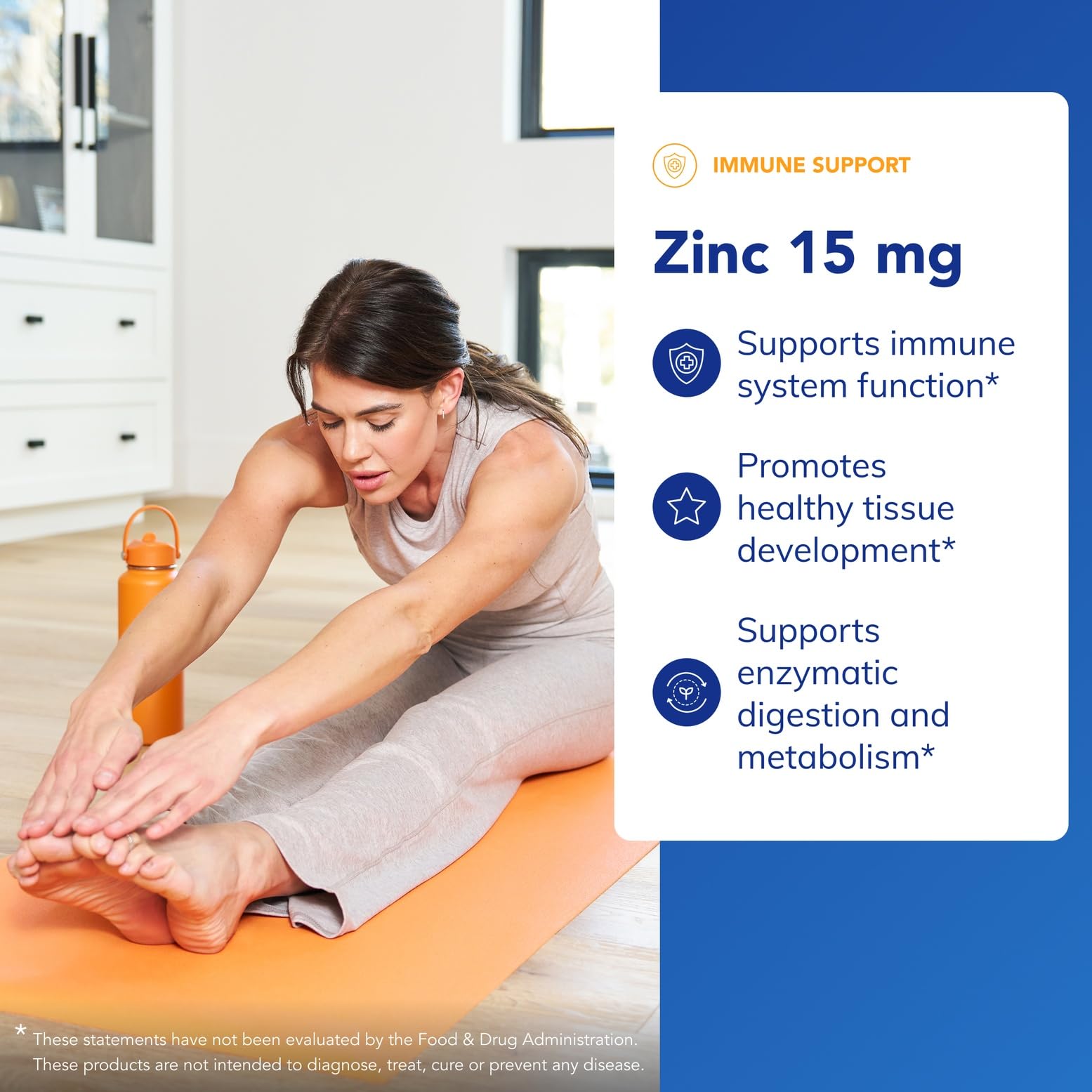 Label close-up on zinc 15 mg bottle emphasizing allergen-free formulation.