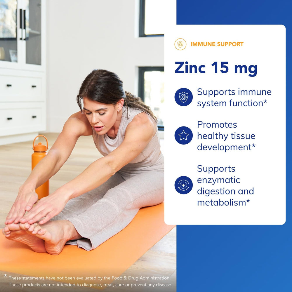 Label close-up on zinc 15 mg bottle emphasizing allergen-free formulation.
