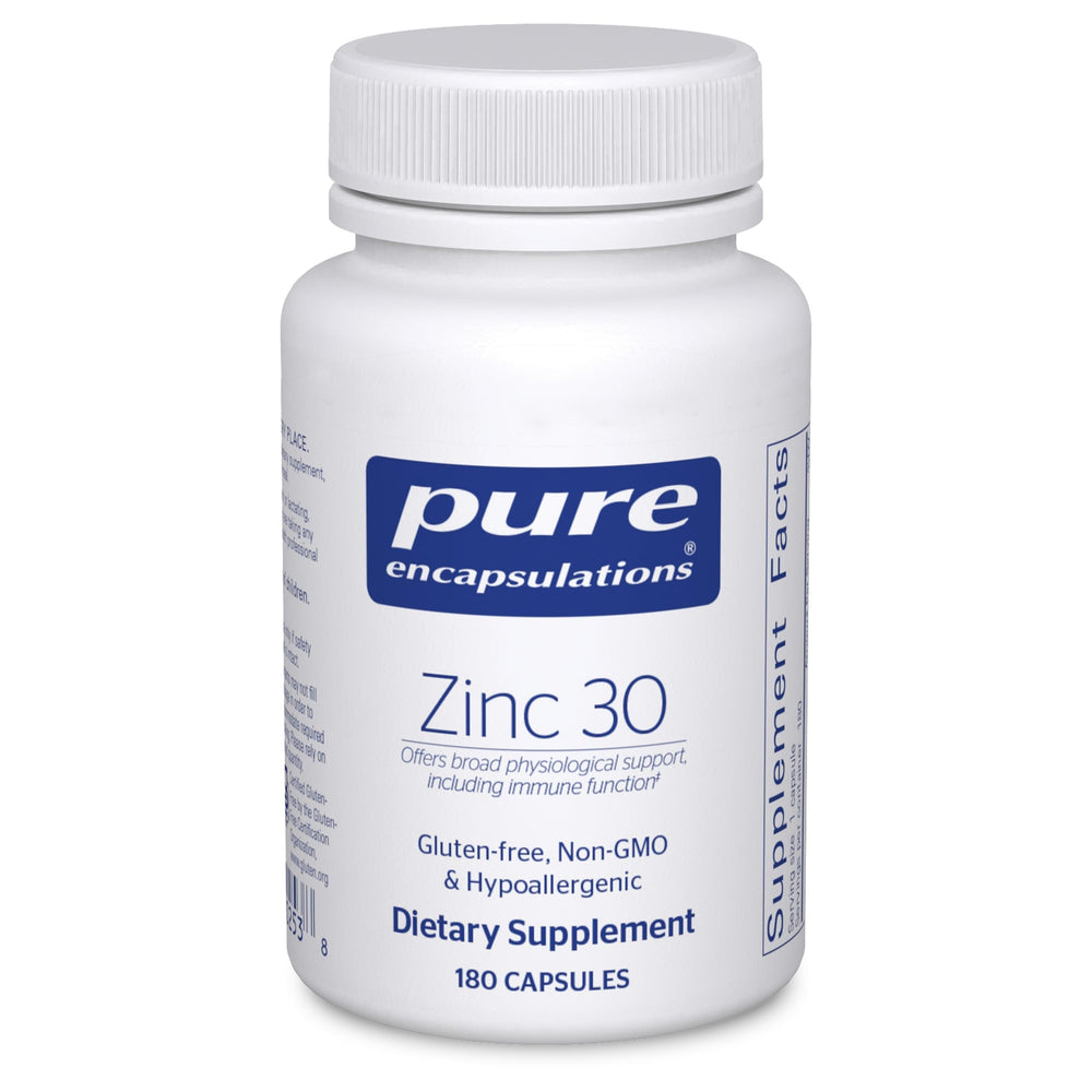 Pure Encapsulations Zinc 30 mg bottle on shelf, supports immune function.