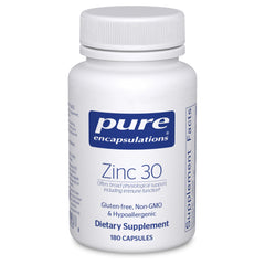 Pure Encapsulations Zinc 30 mg bottle on shelf, supports immune function.