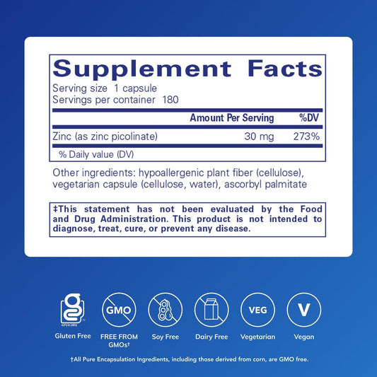 Pure Encapsulations Zinc 30 mg capsules close-up, highly absorbable for daily wellness.