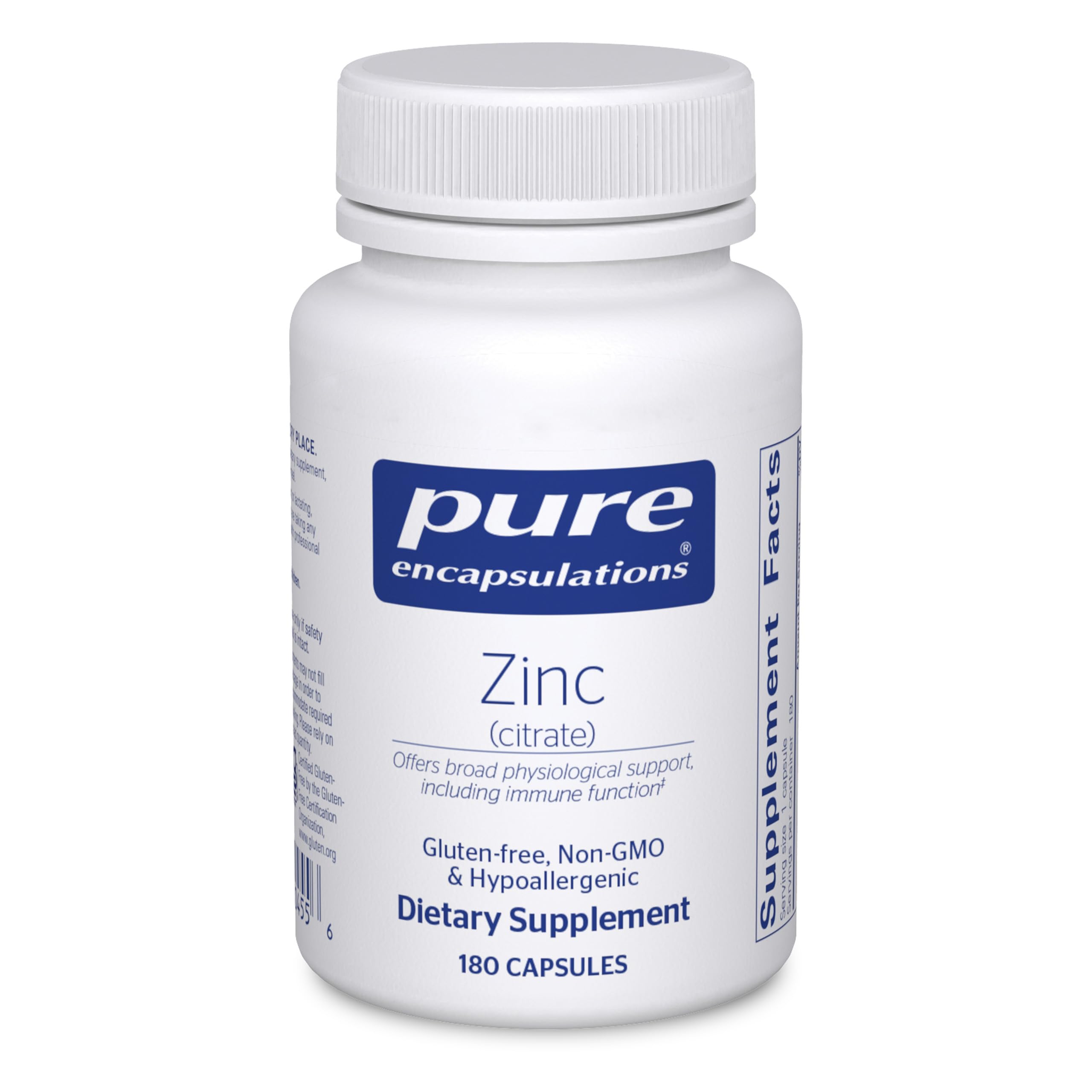 Pure Encapsulations Zinc Citrate bottle for immune support and tissue development.