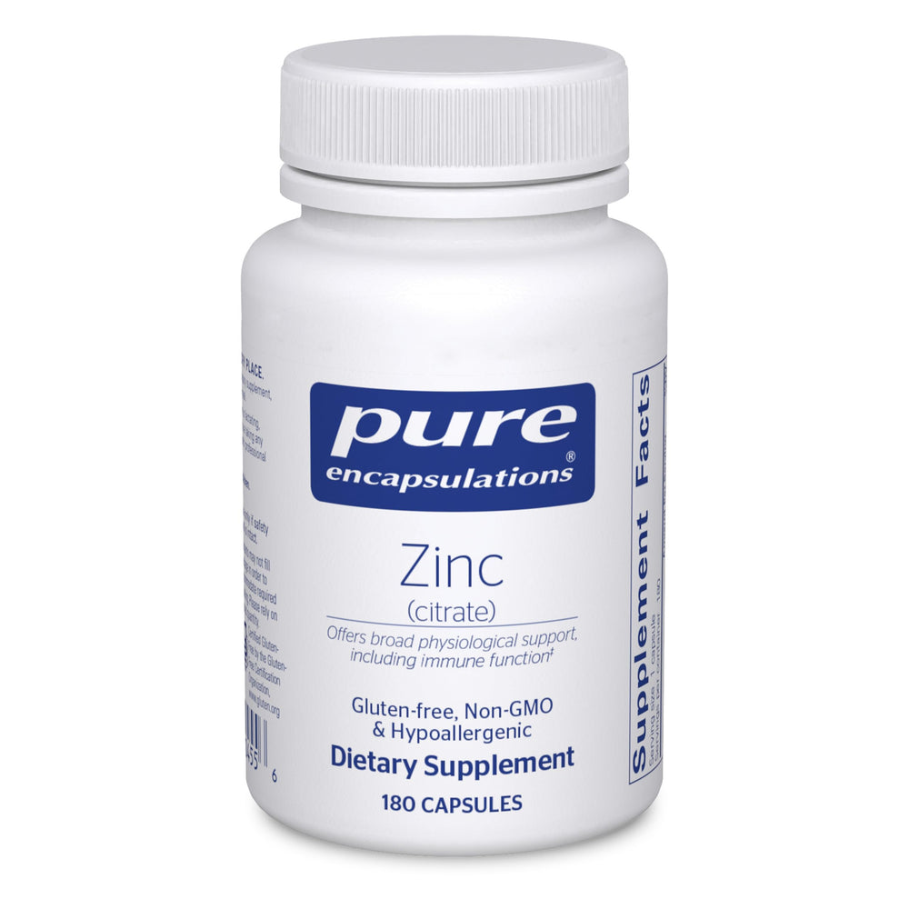 Pure Encapsulations Zinc Citrate bottle for immune support and tissue development.