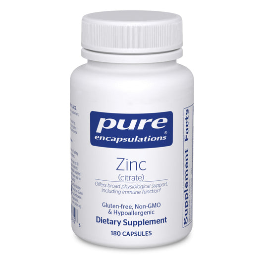 Pure Encapsulations Zinc Citrate bottle for immune support and tissue development.