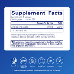 Pure Encapsulations Zinc Citrate capsules highlighting high absorption and easy digestion.