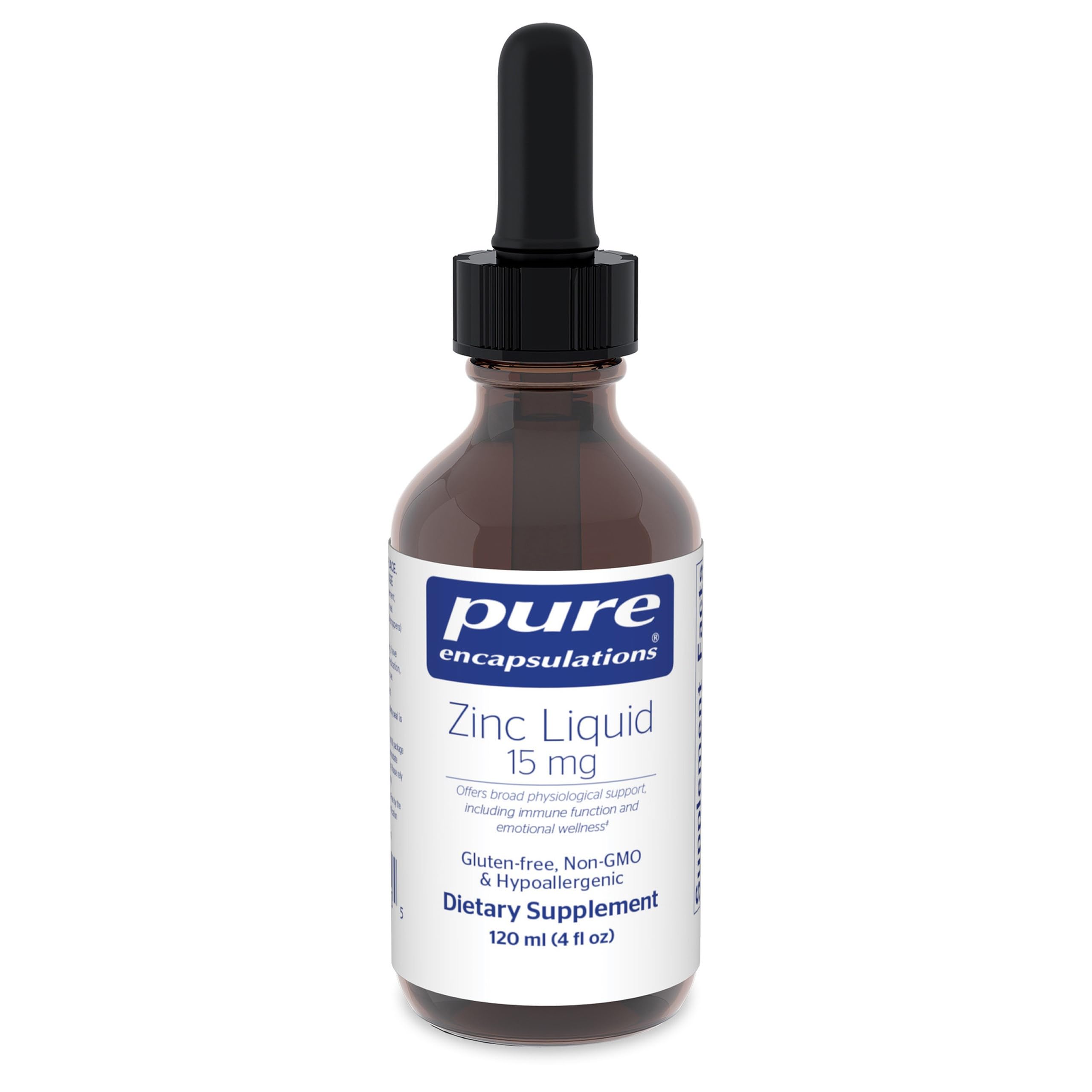 Pure Encapsulations Zinc Liquid 15 mg bottle pour supports easy dosing for daily immune wellness.