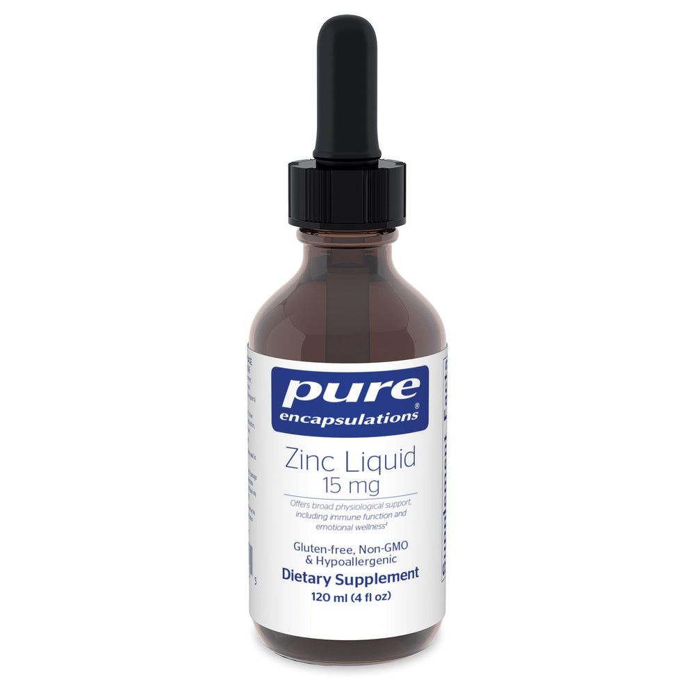 Pure Encapsulations Zinc Liquid 15 mg bottle pour supports easy dosing for daily immune wellness.
