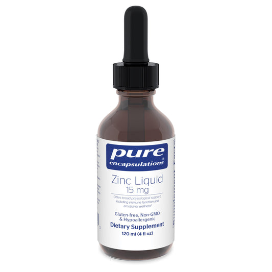 Pure Encapsulations Zinc Liquid 15 mg bottle pour supports easy dosing for daily immune wellness.