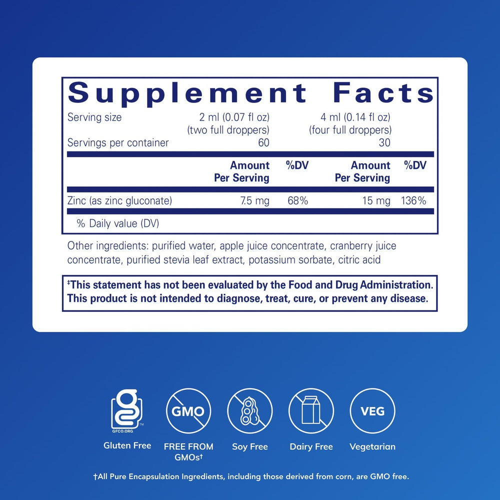 Pure Encapsulations Zinc Liquid 15 mg taste-dispense highlights pleasant, fast absorption during routines.