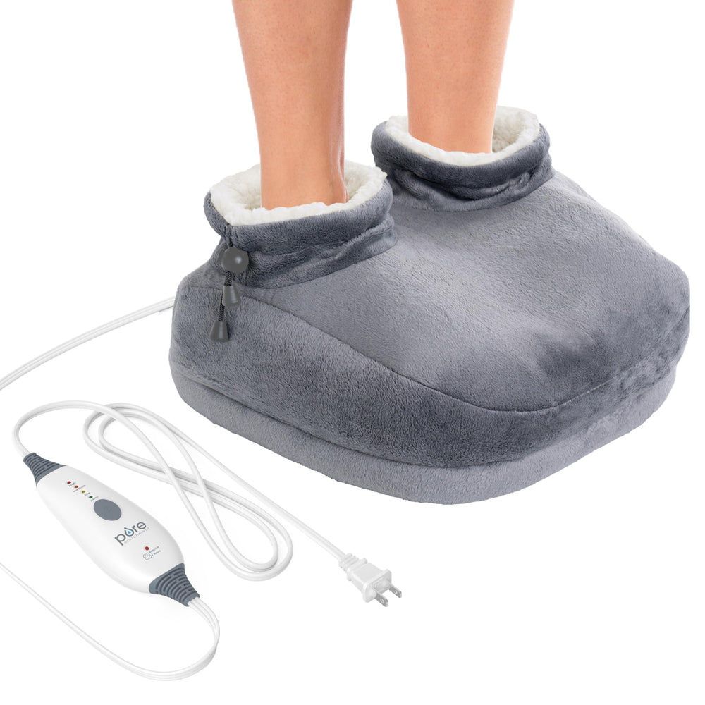 Pure Enrichment PureRelief Deluxe Foot Warmer showing four heat settings for quick warmth