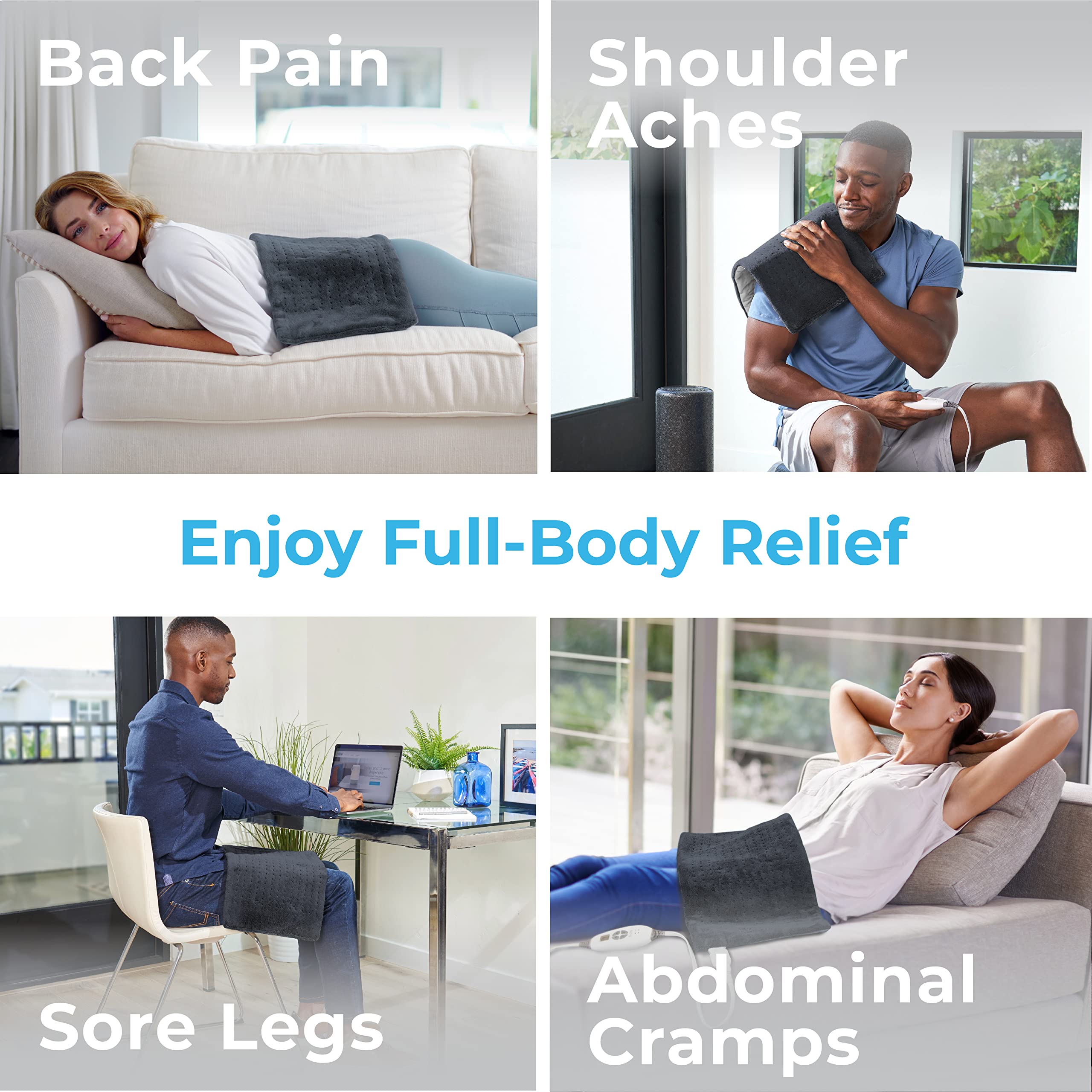 Heating pad in use targeting back and shoulders for warm comfort.