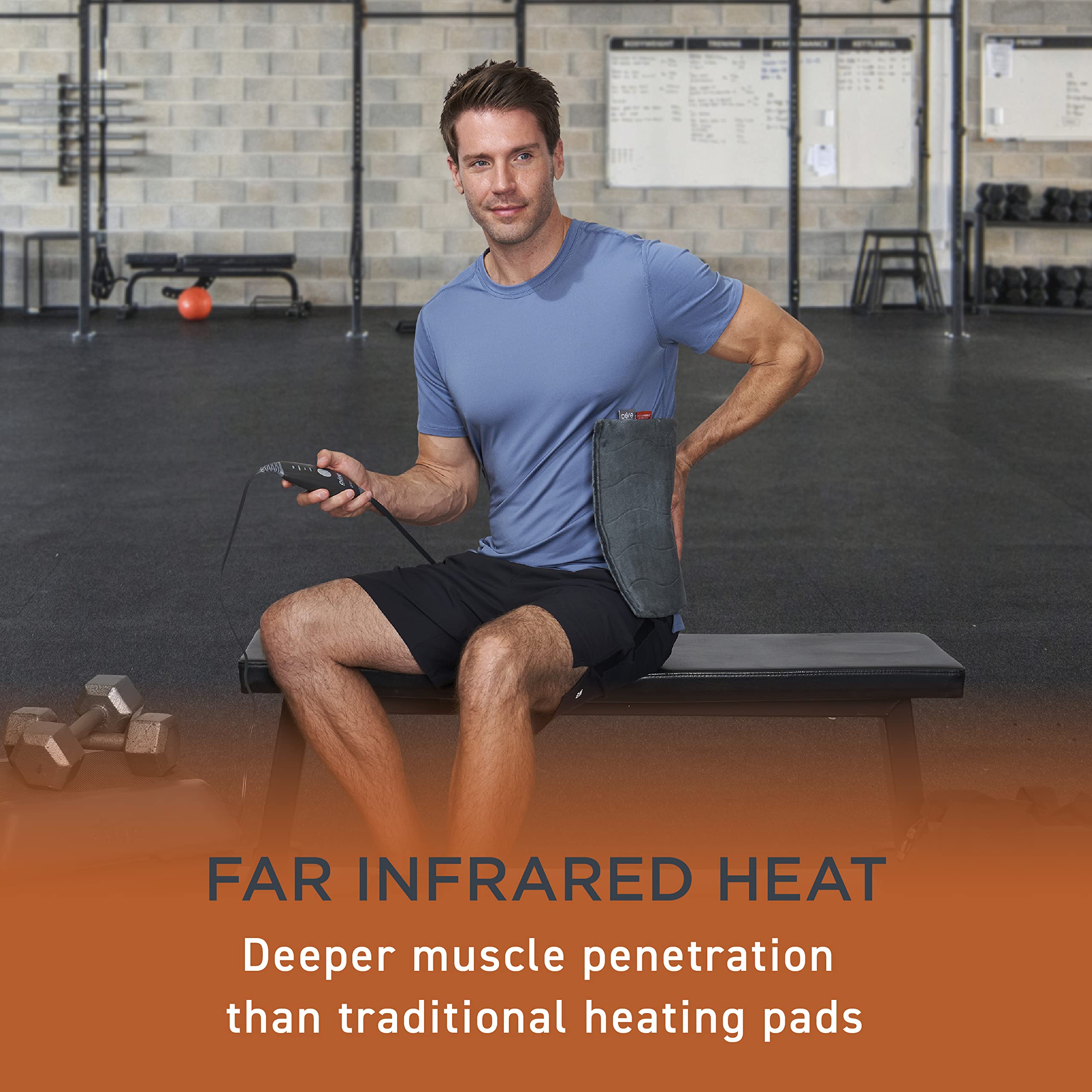 Pure Enrichment PureRelief Pro in-use on back for targeted warmth and relief.