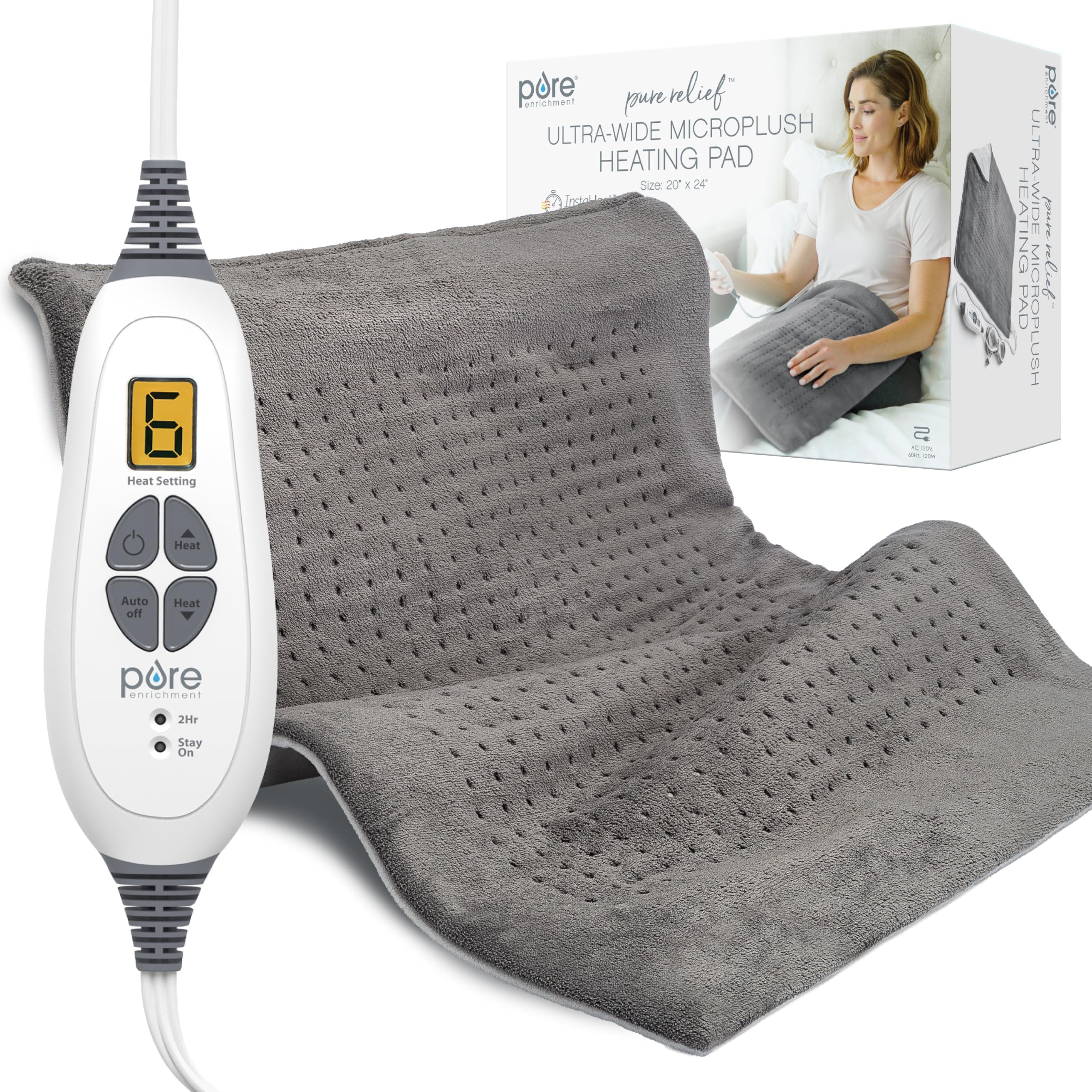 Pure Enrichment PureRelief Ultra-Wide heating pad on bed delivers full back and shoulder coverage for comfort.