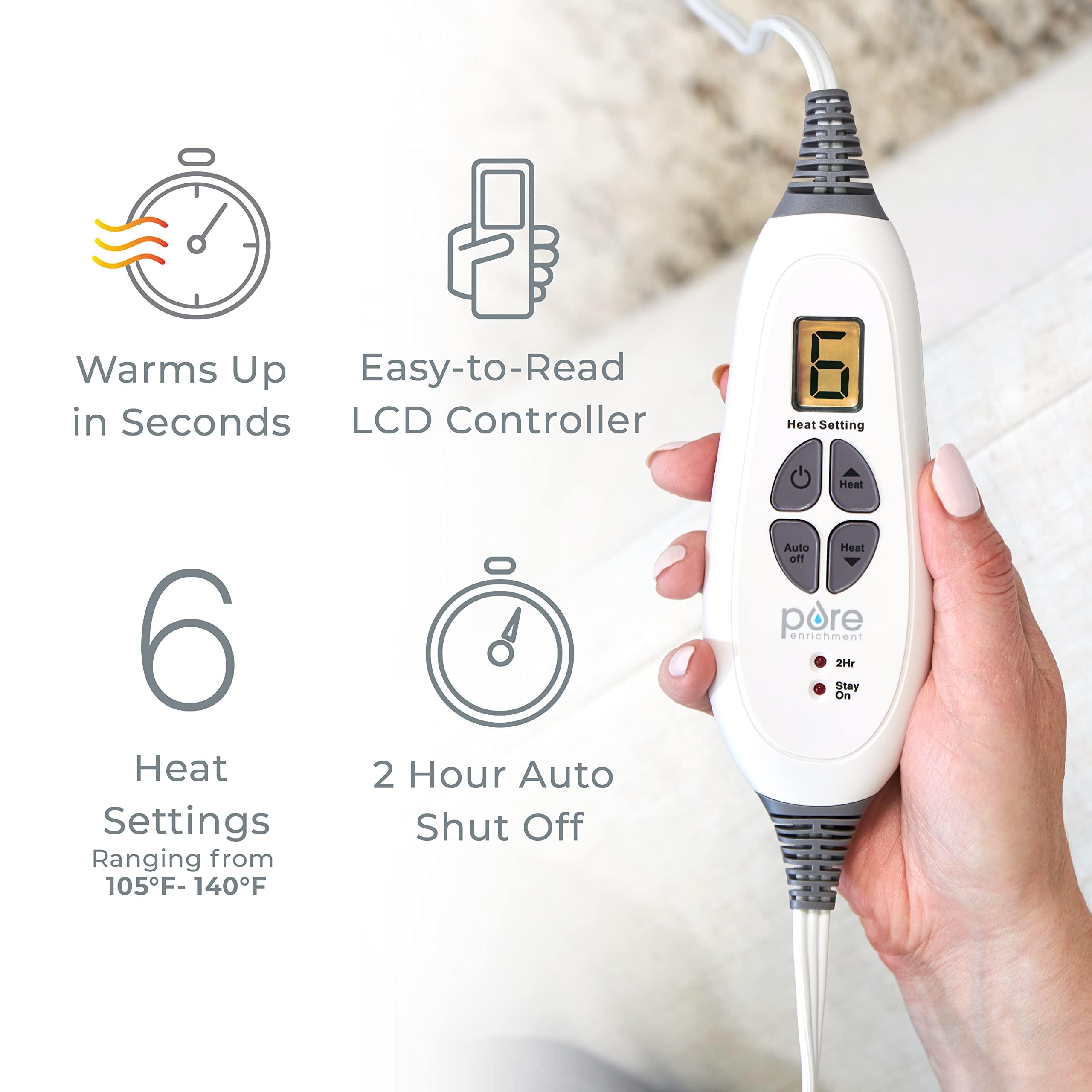 Detachable LCD controller on PureRelief XL enables easy heat adjustments.