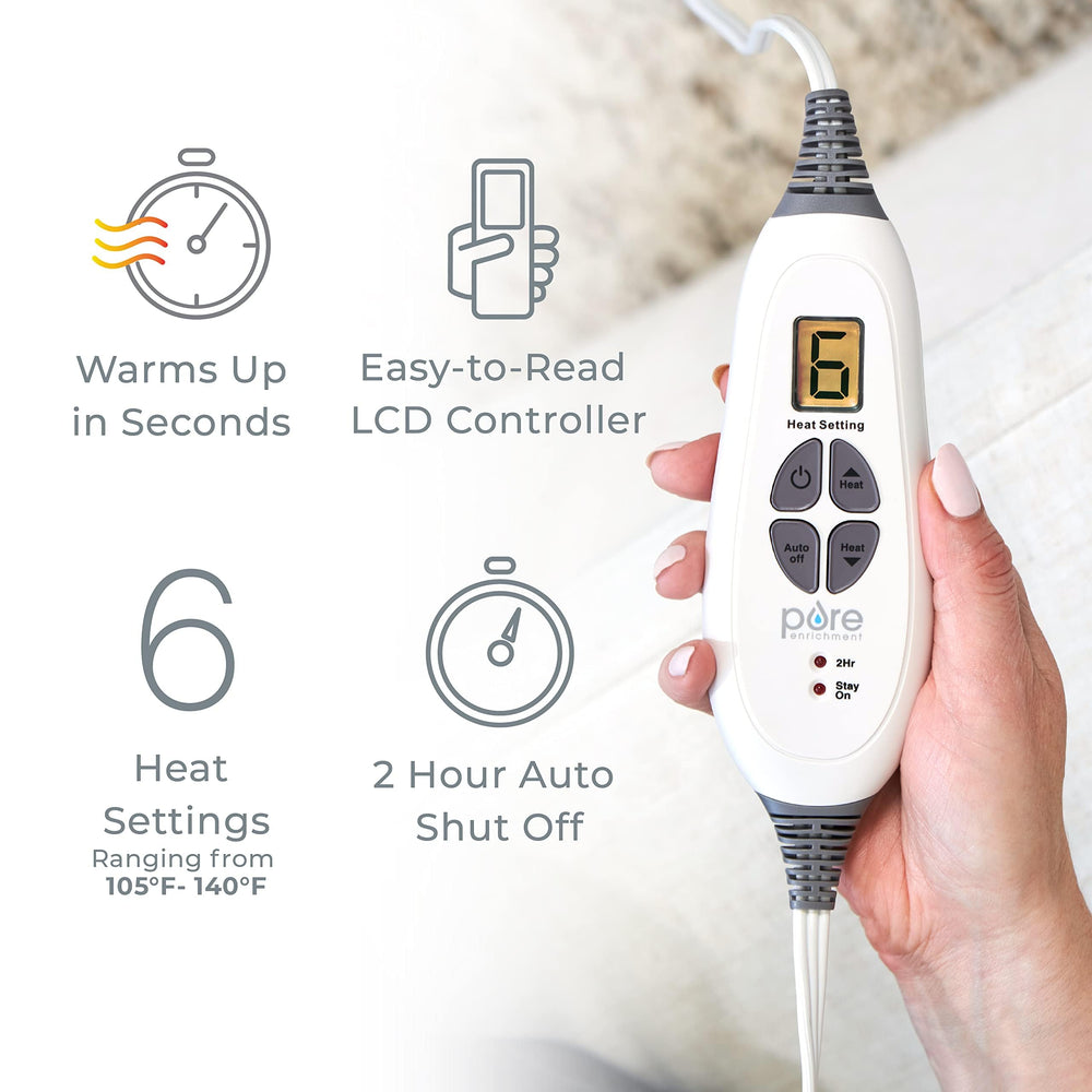 Pure Enrichment PureRelief XL heating pad features soft machine-washable microplush fabric.