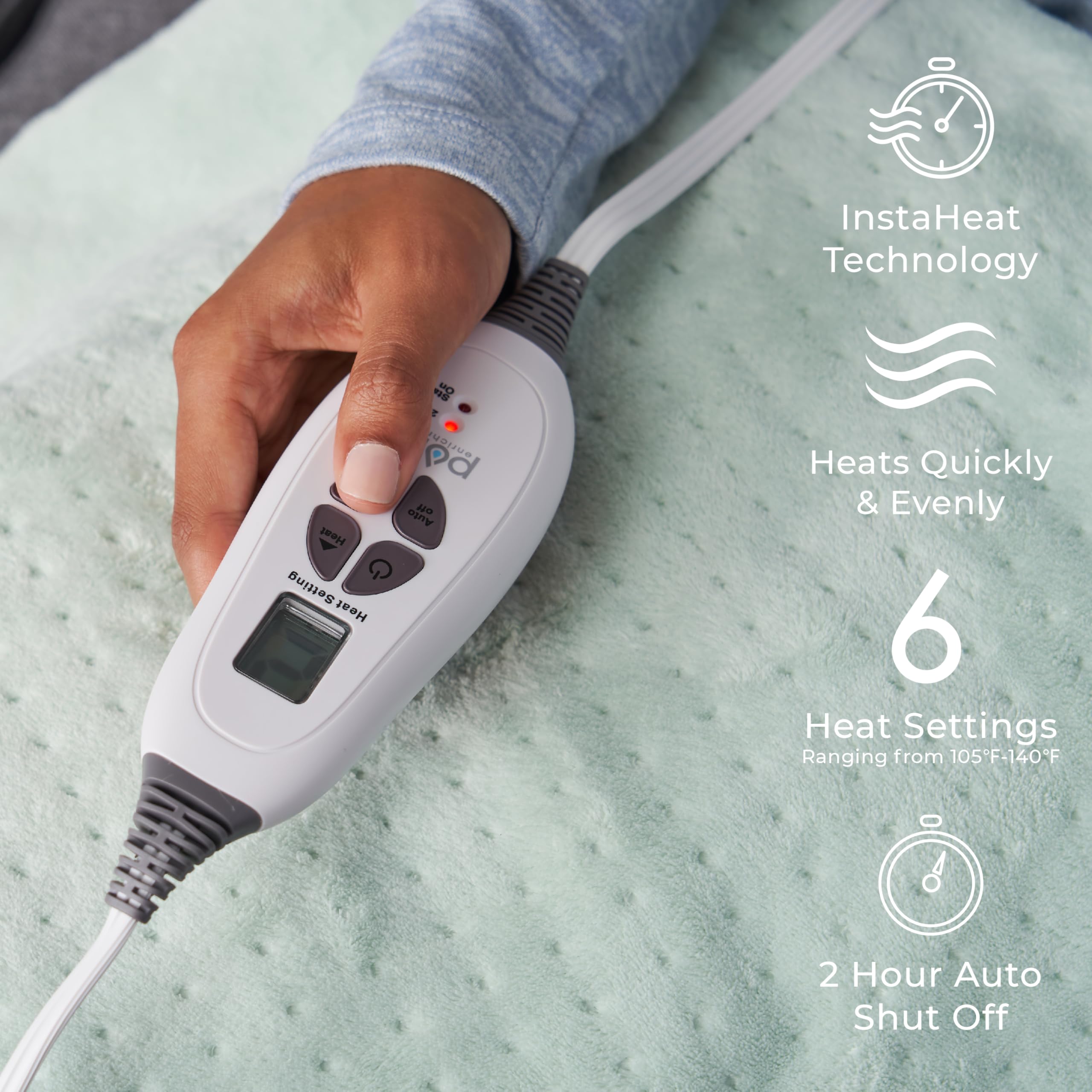 Six heat levels on Pure Enrichment WeightedWarmth pad provide customizable warmth.