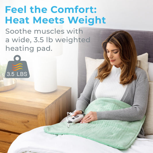 Pure Enrichment WeightedWarmth pad shows glass-bead weight for gentle pressure.