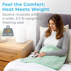 Pure Enrichment WeightedWarmth pad shows glass-bead weight for gentle pressure.
