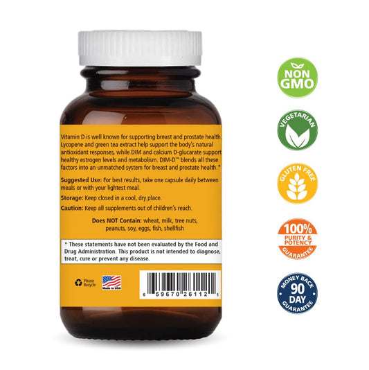 Pure Essence Dim D capsules close-up highlighting DIM for hormone balance.