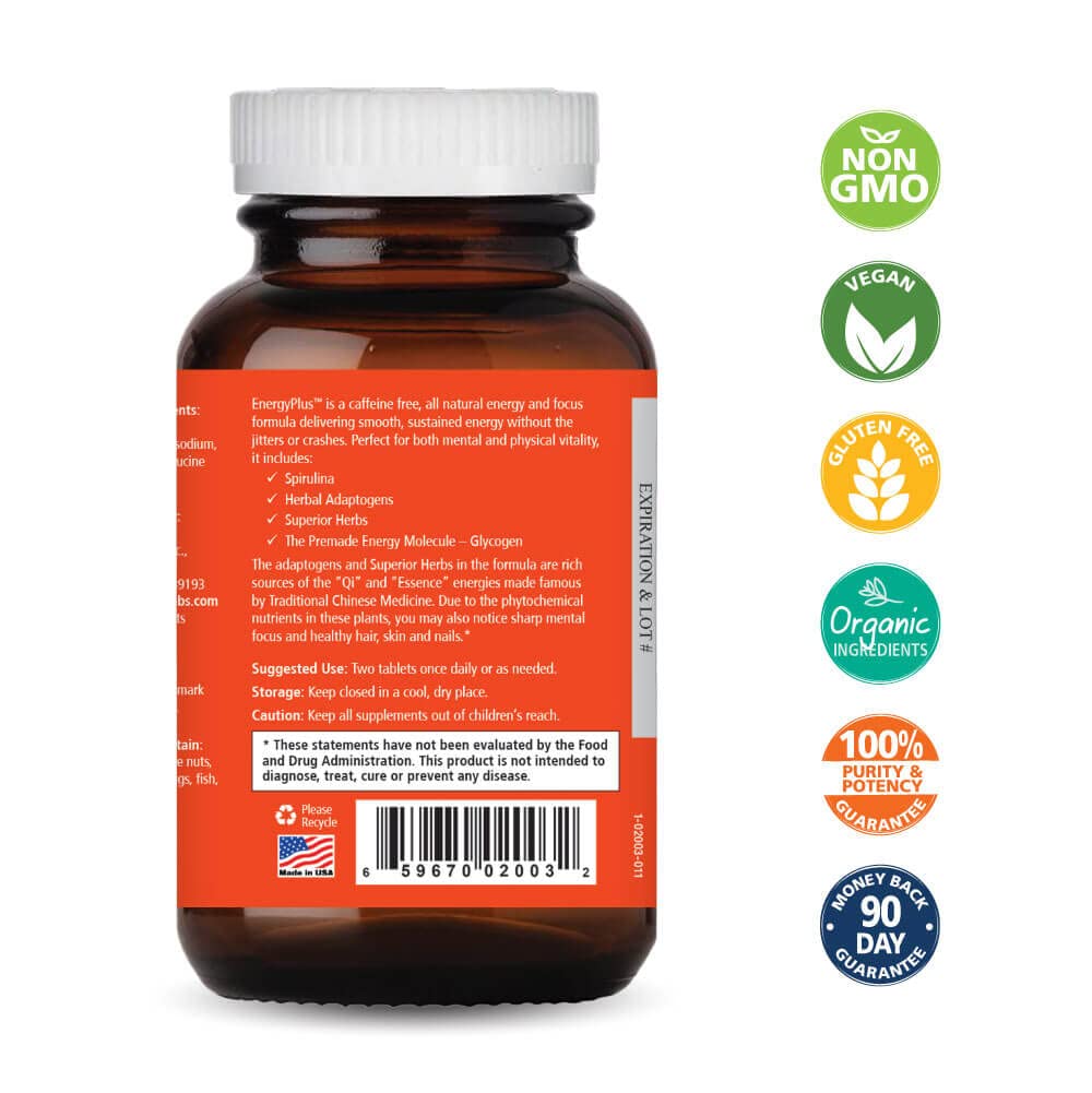 Pure Essence Energy Plus bottle label highlighting herbal ingredients for focus.
