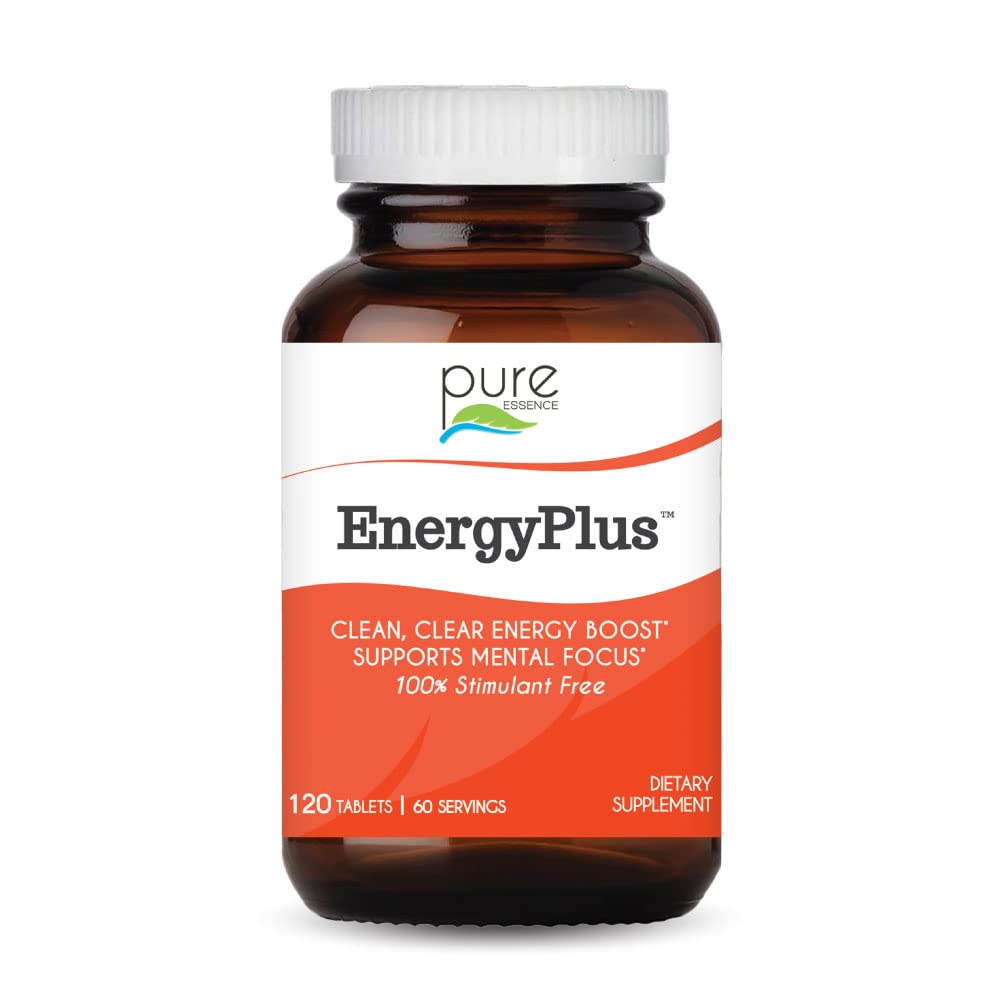 PURE ESSENCE LABS Energy Plus tablets close-up for natural, caffeine-free energy support.