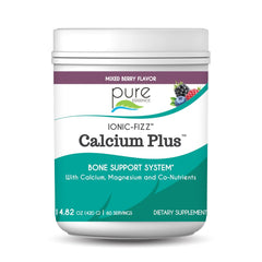 Pure Essence Ionic Fizz Calcium Plus bottle on a desk supports daily bone-friendly minerals.