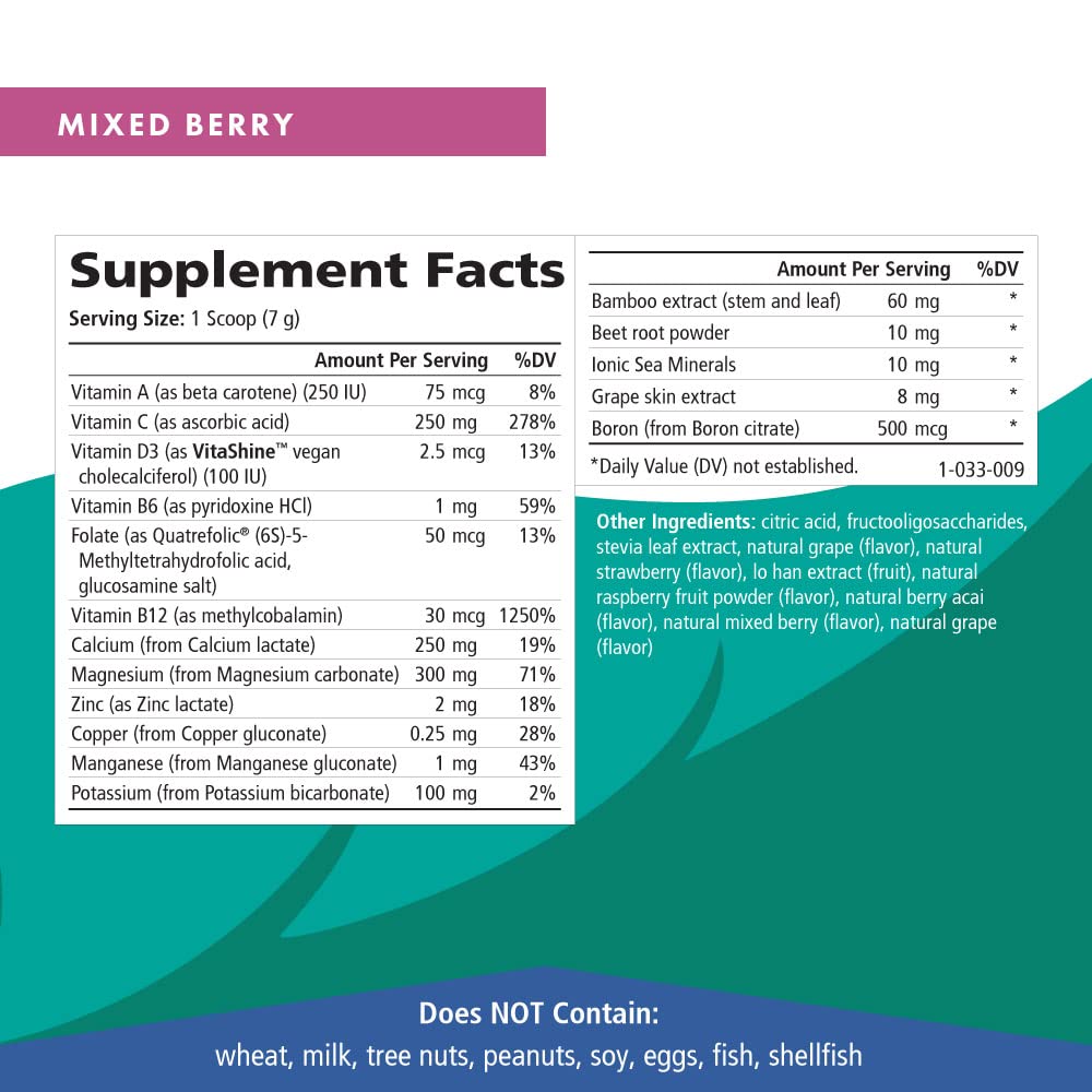 Pure Essence Ionic Fizz Calcium Plus scoop accompanies a mixed berry shake.