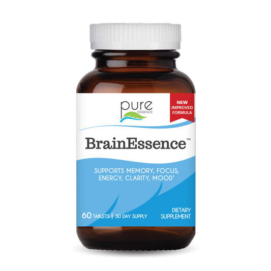 Pure Essence Labs Brain Essence bottle with capsules supports memory and focus.