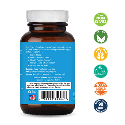 Brain Essence capsules on a clean surface suggest daily cognitive support.