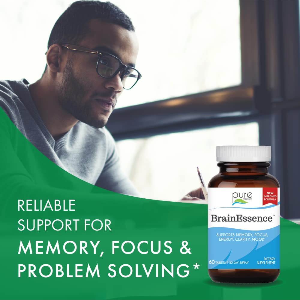 Close-up Brain Essence label highlights bacopa and other herbs for cognitive wellness.