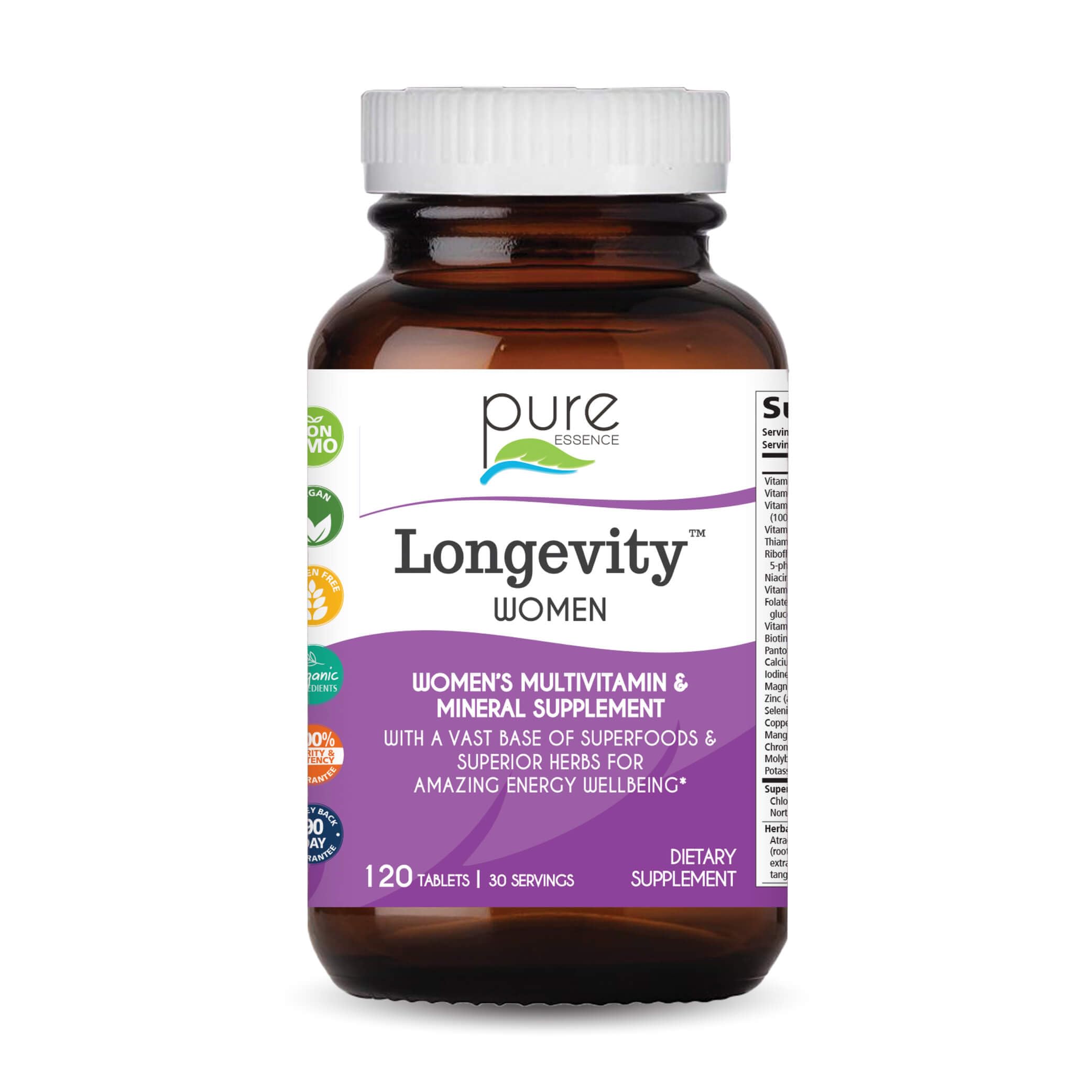 Pure Essence Labs Longevity bottle for women over 40 on a kitchen counter, promoting daily wellness