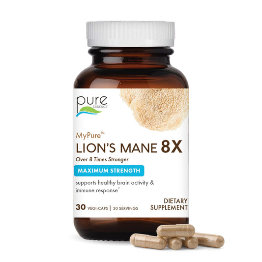 Pure Essence Labs MyPure Lion's Mane 8X bottle front enhances daily focus.