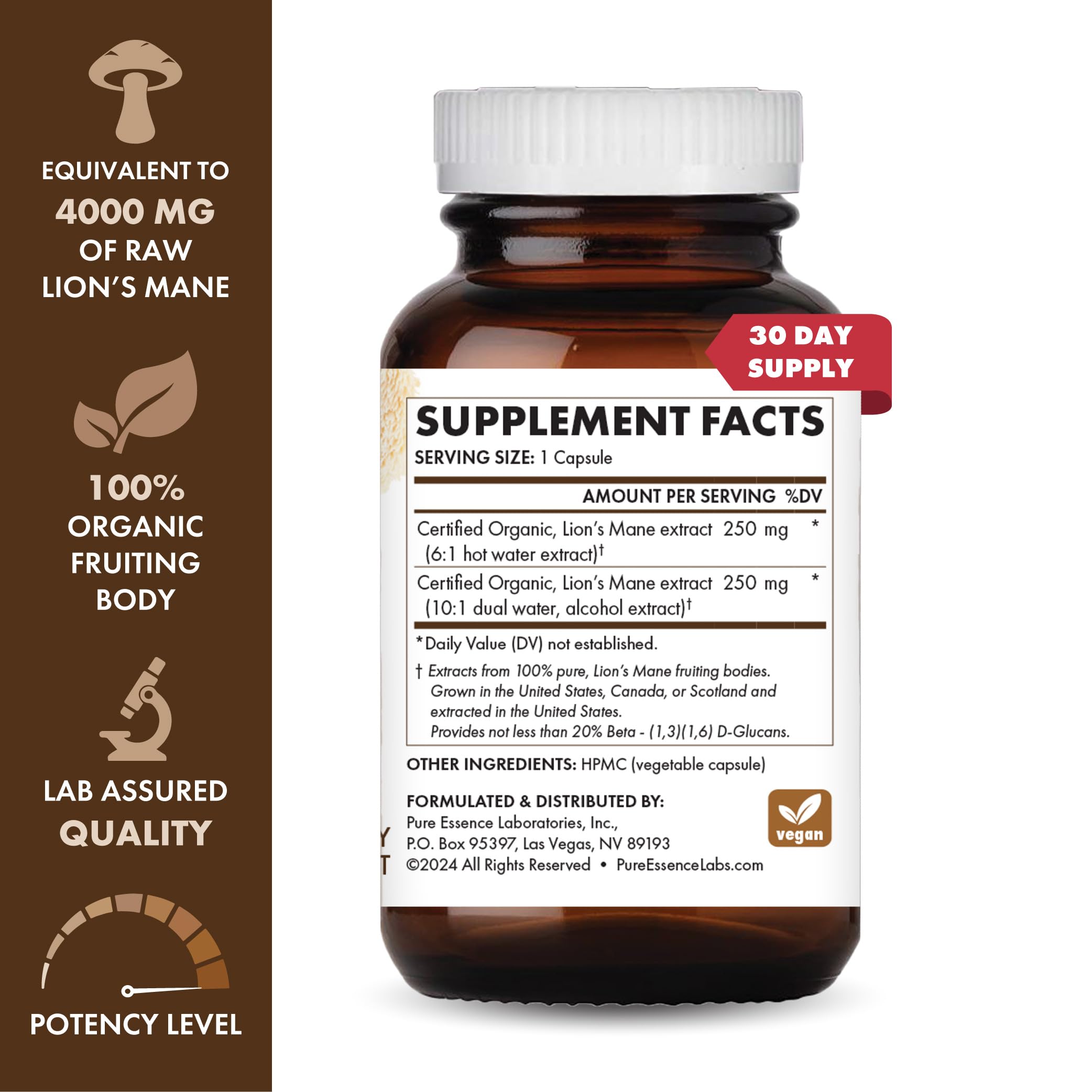 Pure Essence Labs MyPure Lion's Mane 8X label detail highlights organic fruiting body.