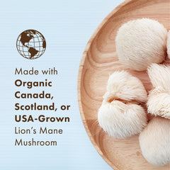 Close-up label on MyPure Lion's Mane 8X highlighting organic sourcing.