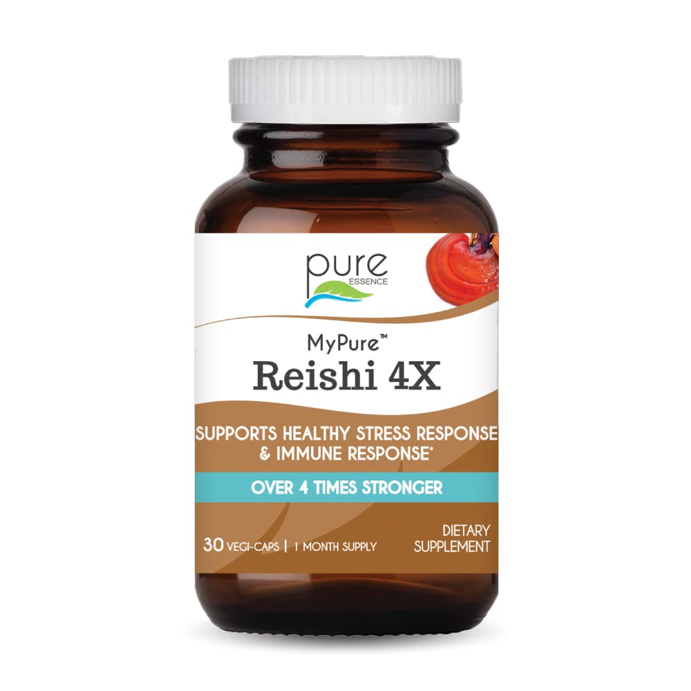 Pure Essence Labs MyPure Reishi 4X bottle highlights organic mushroom extract for energy support.