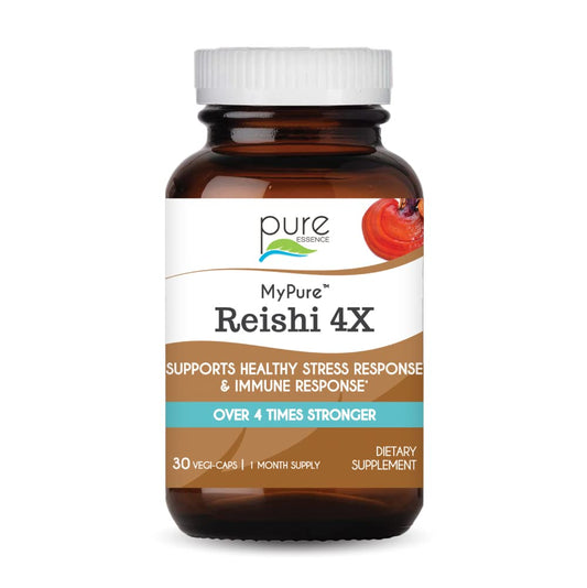 Pure Essence Labs MyPure Reishi 4X bottle highlights organic mushroom extract for energy support.