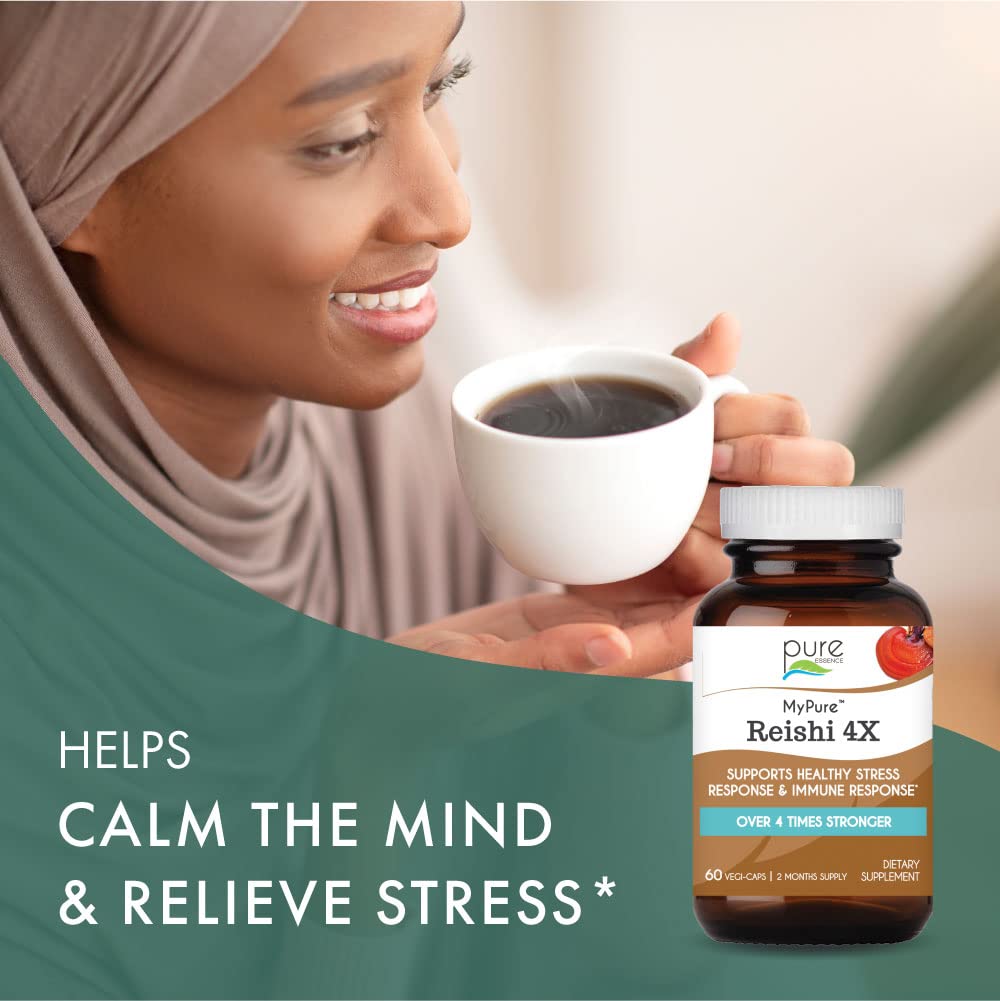 Pure Essence Labs MyPure Reishi 4X capsules on table suggest convenient daily use.