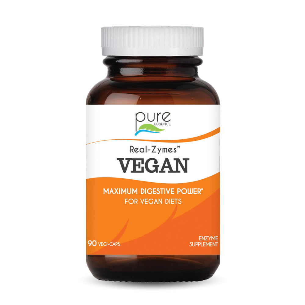 Pure Essence Labs Real-Zymes bottle with capsules for gentle digestion support.